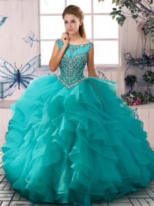 Nice Organza Scoop Sleeveless Zipper Beading and Ruffles Quinceanera Dresses in Aqua Blue