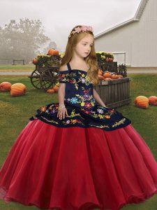 Sleeveless Organza Floor Length Lace Up Little Girls Pageant Dress in Coral Red with Embroidery