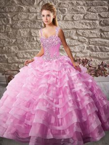 Pink Ball Gowns Straps Sleeveless Organza Floor Length Court Train Lace Up Beading and Ruffled Layers Quinceanera Dress