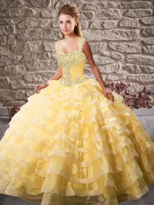 Decent Sleeveless Court Train Lace Up Beading and Ruffled Layers Ball Gown Prom Dress