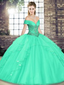 Sumptuous Apple Green Ball Gowns Beading and Ruffles Ball Gown Prom Dress Lace Up Tulle Sleeveless Floor Length