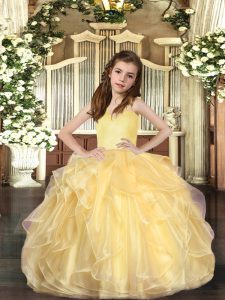 Inexpensive Gold Little Girls Pageant Dress Party and Sweet 16 and Wedding Party with Ruffles Straps Sleeveless Lace Up