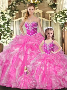 Elegant Rose Pink Lace Up Vestidos de Quinceanera Beading and Ruffles Sleeveless Floor Length