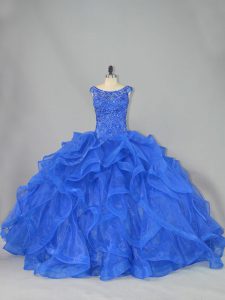 Sleeveless Brush Train Lace Up Beading and Ruffles Ball Gown Prom Dress