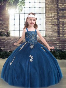 Blue Sleeveless Floor Length Appliques Lace Up Little Girls Pageant Gowns