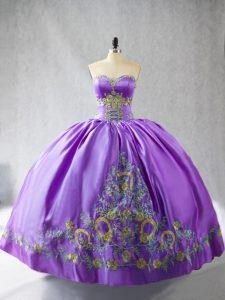 Glamorous Sweetheart Sleeveless 15th Birthday Dress Floor Length Embroidery Lavender Satin