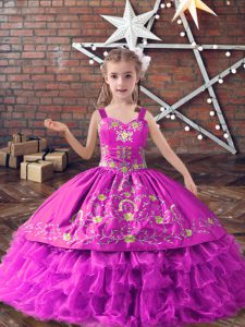 Lilac Lace Up Pageant Gowns For Girls Embroidery and Ruffled Layers Sleeveless Floor Length