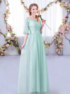 Half Sleeves Floor Length Lace and Belt Side Zipper Dama Dress with Light Blue