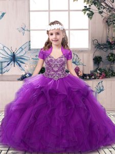 Floor Length Purple Little Girls Pageant Dress Wholesale Straps Sleeveless Lace Up
