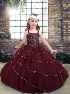 Wonderful Ball Gowns Little Girl Pageant Gowns Burgundy Straps Tulle Sleeveless Floor Length Lace Up