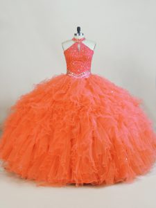 Stylish Tulle Halter Top Sleeveless Lace Up Beading and Ruffles Sweet 16 Quinceanera Dress in Orange