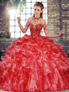 Halter Top Sleeveless Organza 15 Quinceanera Dress Beading and Ruffles Lace Up