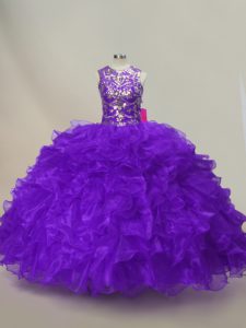High Class Purple Sleeveless Organza Lace Up Quinceanera Gown for Sweet 16 and Quinceanera