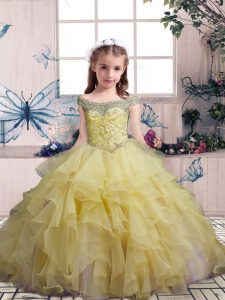 Admirable Off The Shoulder Sleeveless Organza Little Girl Pageant Dress Beading and Ruffles Lace Up