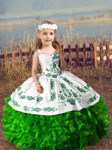 Popular Green Straps Neckline Embroidery and Ruffles Little Girl Pageant Dress Sleeveless Lace Up