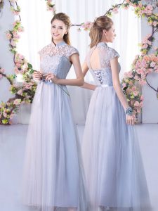Custom Fit Grey Lace Up High-neck Lace Quinceanera Court Dresses Tulle Cap Sleeves