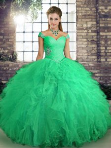 Glittering Floor Length Lace Up Vestidos de Quinceanera Turquoise for Military Ball and Sweet 16 and Quinceanera with Beading and Ruffles