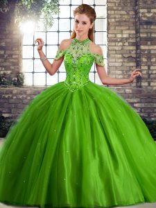 Halter Top Sleeveless Tulle Ball Gown Prom Dress Beading Brush Train Lace Up