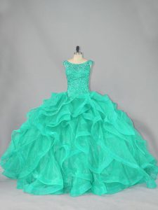Captivating Beading and Ruffles Sweet 16 Quinceanera Dress Turquoise Lace Up Sleeveless Floor Length