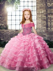Rose Pink Straps Lace Up Beading and Ruffled Layers Child Pageant Dress Brush Train Sleeveless