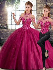 Glamorous Fuchsia Tulle Lace Up Halter Top Sleeveless Sweet 16 Quinceanera Dress Brush Train Beading
