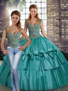 Teal Two Pieces Taffeta Straps Sleeveless Beading and Ruffled Layers Floor Length Lace Up Ball Gown Prom Dress