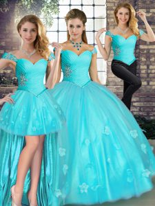 Aqua Blue Off The Shoulder Lace Up Beading and Appliques Sweet 16 Quinceanera Dress Sleeveless