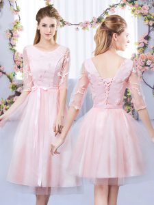 Free and Easy Baby Pink Half Sleeves Tea Length Lace and Belt Lace Up Quinceanera Court of Honor Dress