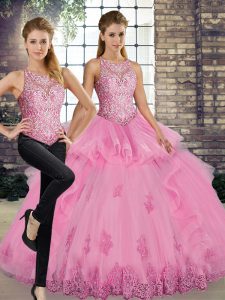 Pretty Floor Length Rose Pink Sweet 16 Dresses Scoop Sleeveless Lace Up