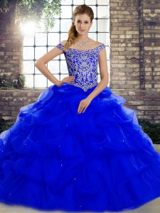 Superior Royal Blue Tulle Lace Up Off The Shoulder Sleeveless 15th Birthday Dress Brush Train Beading and Pick Ups