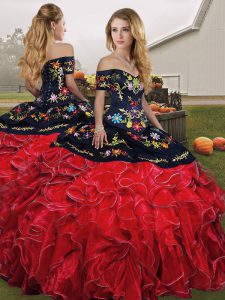 Pretty Red And Black Lace Up Off The Shoulder Embroidery and Ruffles Quinceanera Dresses Organza Sleeveless