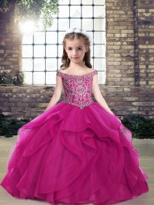 Stunning Sleeveless Floor Length Beading and Ruffles Lace Up Pageant Gowns For Girls with Fuchsia