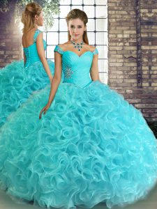 Off The Shoulder Sleeveless Ball Gown Prom Dress Floor Length Beading Aqua Blue Fabric With Rolling Flowers