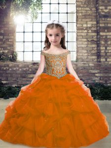Sleeveless Organza Floor Length Lace Up Girls Pageant Dresses in Orange Red with Beading