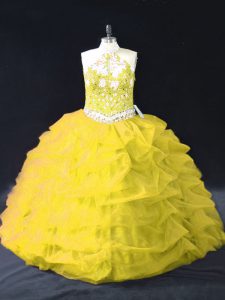 Yellow Green Backless Halter Top Appliques and Pick Ups Quinceanera Dress Organza Sleeveless