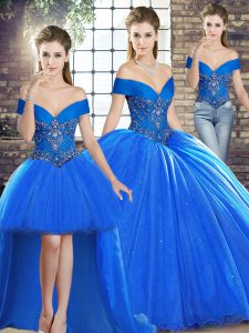 Royal Blue Lace Up Quinceanera Dress Beading Sleeveless Brush Train