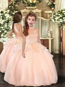 Admirable Sleeveless Floor Length Beading Backless Kids Formal Wear with Peach