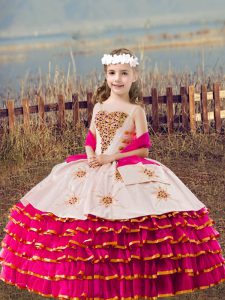 Trendy Fuchsia Ball Gowns Organza Straps Sleeveless Beading and Embroidery and Ruffled Layers Floor Length Lace Up Little Girls Pageant Dress