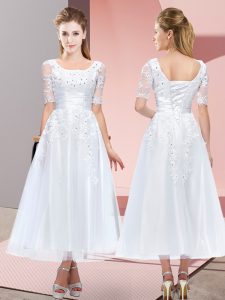 White Short Sleeves Tea Length Beading and Lace Lace Up Quinceanera Dama Dress