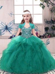 Turquoise Sleeveless Tulle Side Zipper Kids Pageant Dress for Party and Sweet 16 and Wedding Party