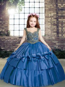 Fashionable Blue Taffeta Lace Up Straps Sleeveless Floor Length Kids Formal Wear Beading