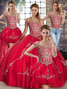 Fine Red Lace Up Off The Shoulder Beading and Embroidery Quinceanera Gown Tulle Sleeveless