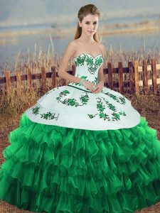 Pretty Green Ball Gowns Organza Sweetheart Sleeveless Embroidery and Ruffled Layers and Bowknot Floor Length Lace Up Sweet 16 Dresses