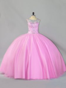 Edgy Scoop Sleeveless Zipper 15th Birthday Dress Baby Pink Tulle
