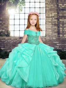 Customized Sleeveless Floor Length Beading Lace Up Girls Pageant Dresses with Apple Green
