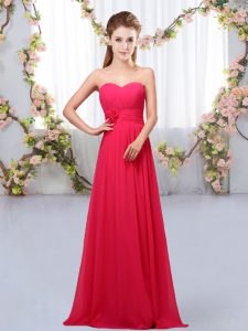 Sleeveless Floor Length Hand Made Flower Lace Up Quinceanera Court of Honor Dress with Hot Pink