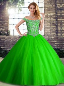 Fancy Green Ball Gowns Off The Shoulder Sleeveless Tulle Brush Train Lace Up Beading Quinceanera Gowns