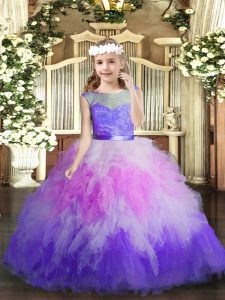 Tulle V-neck Sleeveless Backless Lace and Ruffles Girls Pageant Dresses in Multi-color