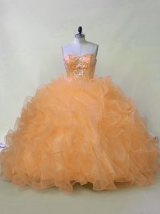 Glamorous Organza Sweetheart Sleeveless Lace Up Beading and Ruffles Quinceanera Dress in Orange