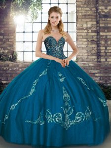 Blue Ball Gowns Sweetheart Sleeveless Tulle Floor Length Lace Up Beading and Embroidery Sweet 16 Dresses